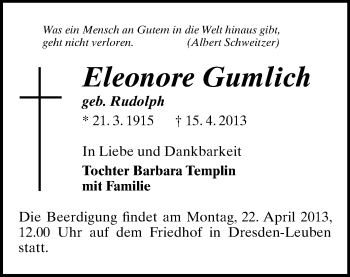 Todesanzeige von Eleonore Gumlich von Marienberg
