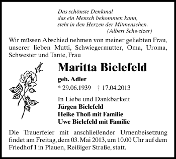 Todesanzeige von Maritta Bielefeld von Plauen
