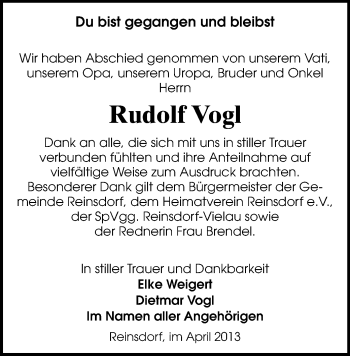 Todesanzeige von Rudolf Vogl von Zwickau