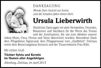 Todesanzeige von Ursula Lieberwirth von Zwickau