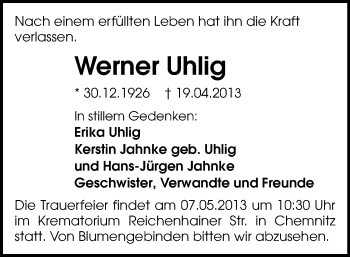 Todesanzeige von Werner Uhlig von Chemnitz