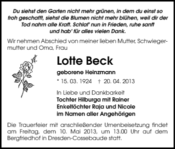 Todesanzeige von Lotte Beck von Annaberg