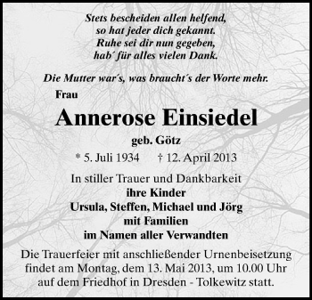 Todesanzeige von Annerose Einsiedel von Aue