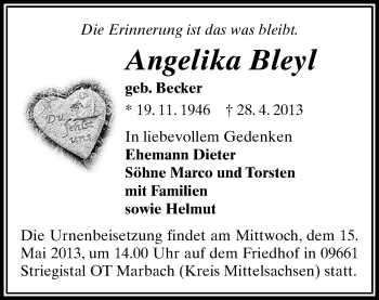 Todesanzeige von Angelika Bleyl von Aue