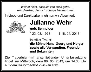 Todesanzeige von Julianne Wehr von Zwickau