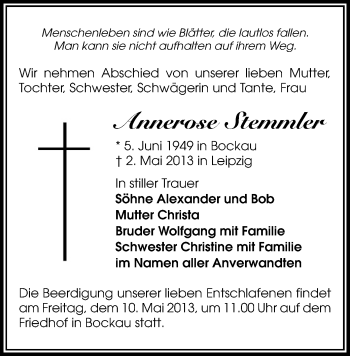 Todesanzeige von Annerose Stemmler von Aue