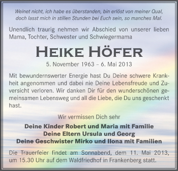 Todesanzeige von Heike Höfer von Flöha