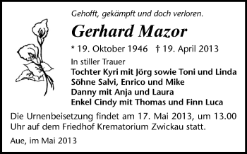Todesanzeige von Gerhard Mazor von Aue