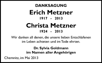 Todesanzeige von Erich und Christa Metzner von Chemnitz