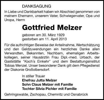 Todesanzeige von Gottfried Melzer von Zschopau