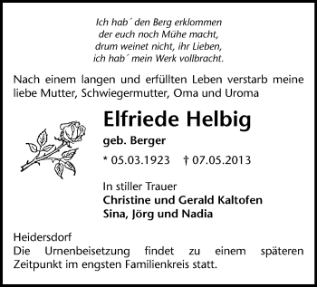 Todesanzeige von Elfriede Helbig von Marienberg