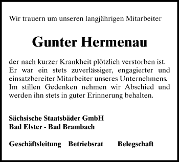 Todesanzeige von Gunter Hermenau von Oberes Vogtland