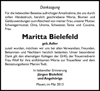 Todesanzeige von Maritta Bielefeld von Plauen