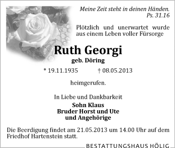 Todesanzeige von Ruth Georgi von Zwickau