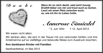 Todesanzeige von Annerose Einsiedel von Aue