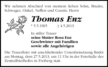 Todesanzeige von Thomas Enz von Freiberg / Brand Erbisdorf
