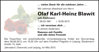 Todesanzeige von Olaf Karl-Heinz Blawit von Chemnitz, Stollberg