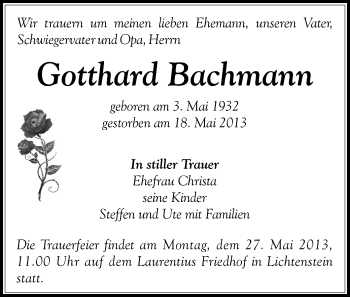 Todesanzeige von Gotthard Bachmann von Hohenstein-Ernstthal