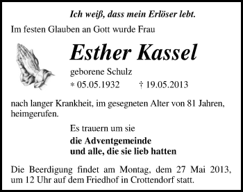 Todesanzeige von Esther Kassel von Annaberg
