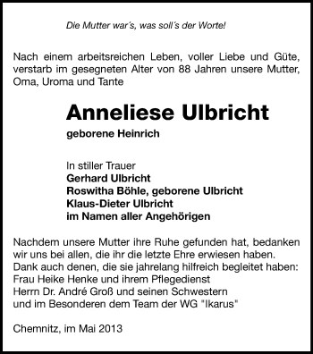 Todesanzeige von Anneliese Ulbricht von Chemnitz