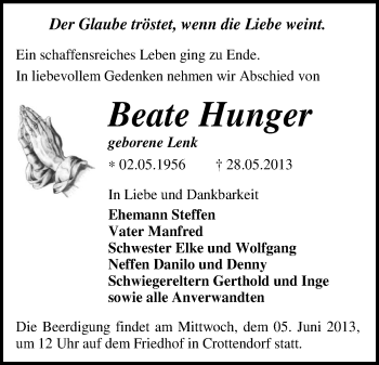 Todesanzeige von Beate Hunger von Annaberg