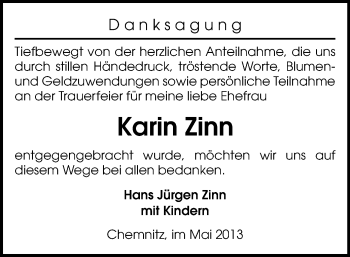 Todesanzeige von Karin Zinn von Chemnitz