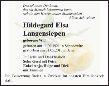 Todesanzeige von Hildegard Elsa Langensiepen von Zwickau