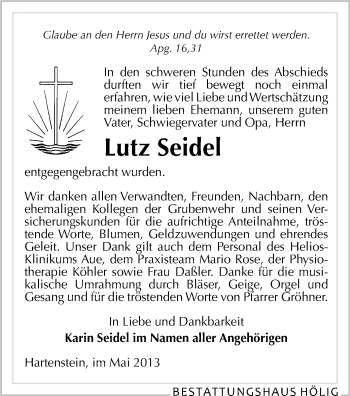 Todesanzeige von Lutz Seidel von Aue, Glauchau, Zwickau