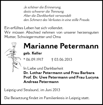 Todesanzeige von Marianne Petermann von Glauchau