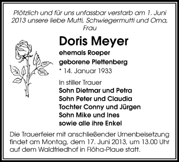 Todesanzeige von Doris Meyer von Flöha, Mittweida