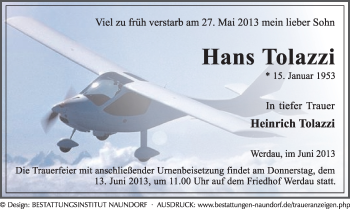 Todesanzeige von Hansq Tolazzi von Werdau