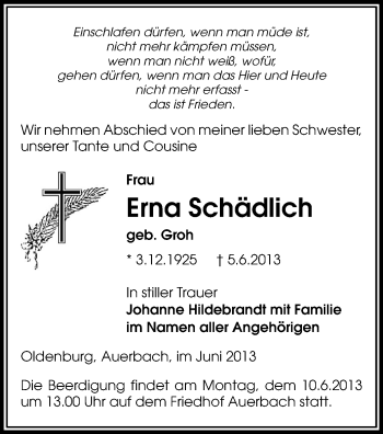 Todesanzeige von Erna Schädlich von Auerbach