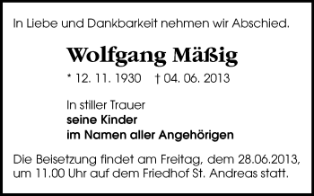 Todesanzeige von Wolfgang Mäßig von Chemnitz