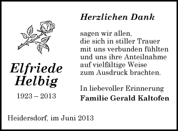 Todesanzeige von Elfriede Helbig von Marienberg