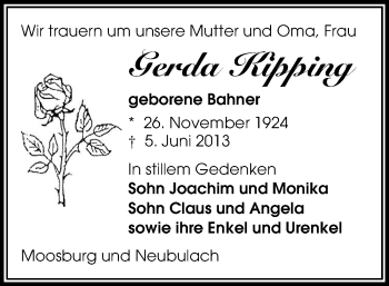 Todesanzeige von Gerda Kipping von Stollberg