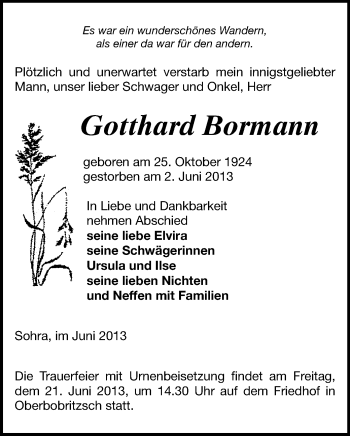 Todesanzeige von Gotthard Bormann von Freiberg / Brand Erbisdorf