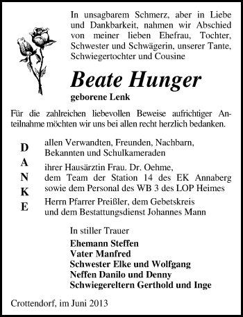 Todesanzeige von Beate Hunger von Annaberg
