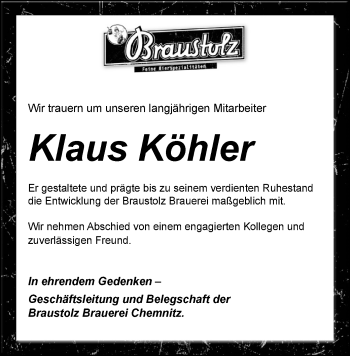 Todesanzeige von Klaus Köhler von Chemnitz