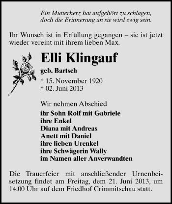 Todesanzeige von Elli Klingauf von Werdau
