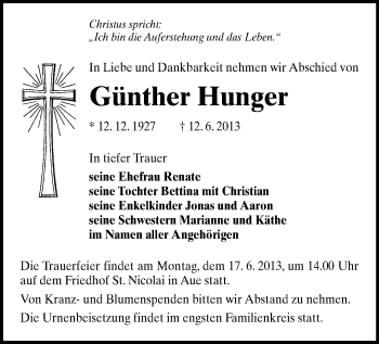 Todesanzeige von Günther Hunger von Aue