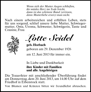Todesanzeige von Lotte Seidel von Aue