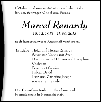 Todesanzeige von Marcel Renardy von Annaberg