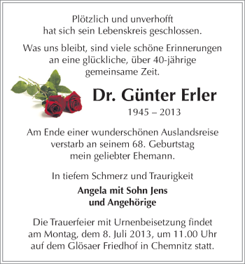 Todesanzeige von Günter Erler von Chemnitz