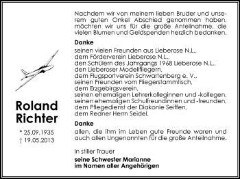 Todesanzeige von Roland Richter von Marienberg, Freiberg / Brand Erbisdorf