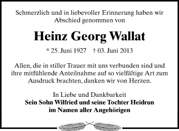 Todesanzeige von Heinz Georg Wallat von Flöha