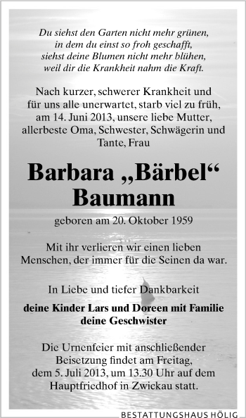 Todesanzeige von Barbara Baumann von Zwickau
