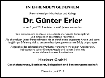 Todesanzeige von Günter Erler von Chemnitz