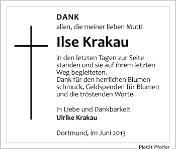 Todesanzeige von Ilse Krakau von Rochlitz