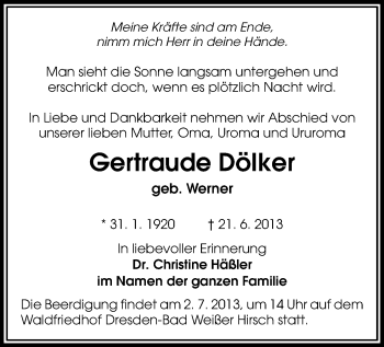 Todesanzeige von Gertraude Dölker von Mittweida