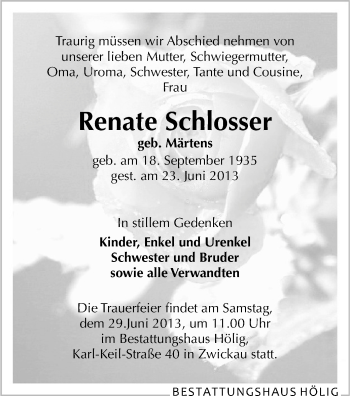 Todesanzeige von Renate Schlosser von Zwickau